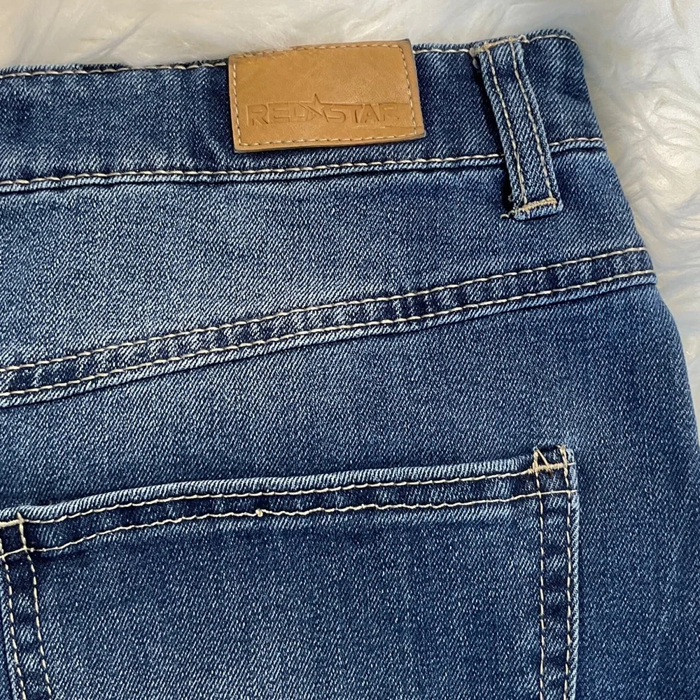 Red Star Button-Front Medium Blue Distressed Denim Mini Skirt Size 2 - Picture 3 of 16